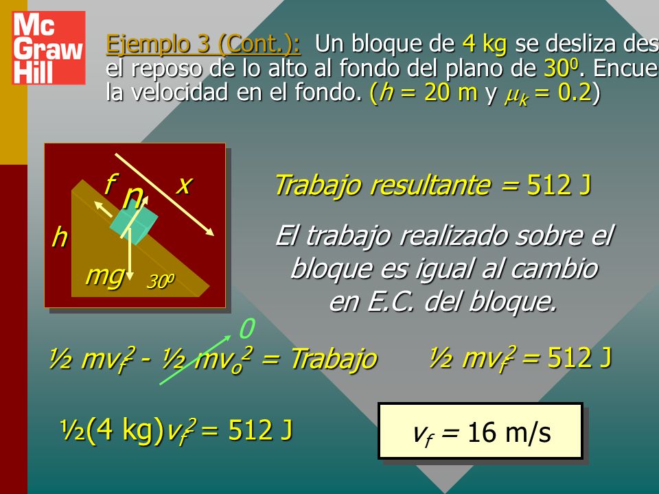 n h f mg x Trabajo resultante = 512 J