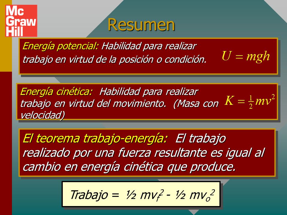 Resumen Energía potencial: Habilidad para realizar trabajo en virtud de la posición o condición.