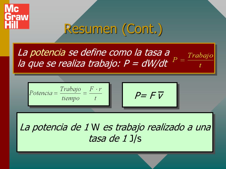 La potencia de 1 W es trabajo realizado a una tasa de 1 J/s