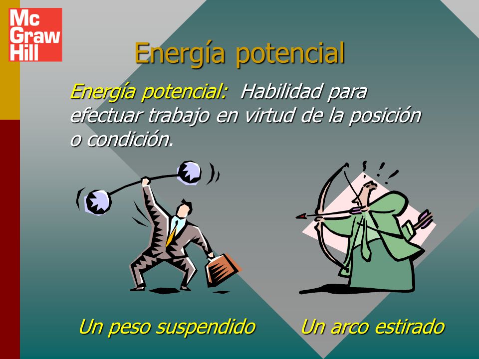 Energía potencial Energía potencial: Habilidad para efectuar trabajo en virtud de la posición o condición.