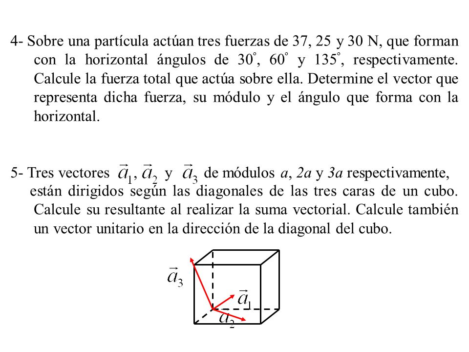 4- Sobre una partícula actúan tres fuerzas de 37, 25 y 30 N, que forman con la horizontal ángulos de 30º, 60º y 135º, respectivamente. Calcule la fuerza total que actúa sobre ella. Determine el vector que representa dicha fuerza, su módulo y el ángulo que forma con la horizontal.
