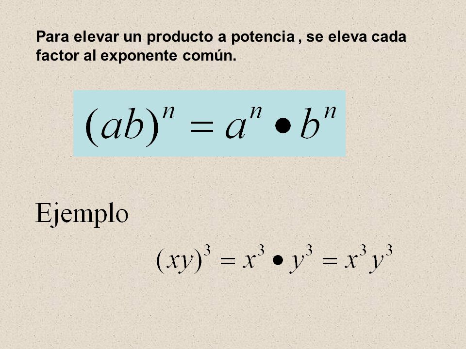 Para elevar un producto a potencia , se eleva cada factor al exponente común.