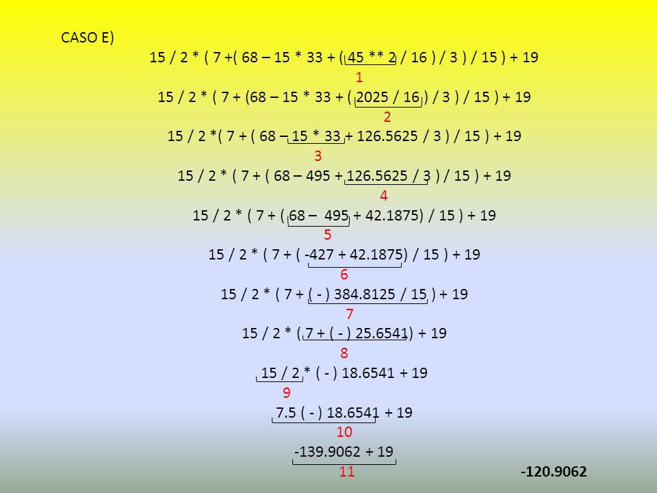 CASO E) 15 / 2 * ( 7 +( 68 – 15 * 33 + ( 45 ** 2 / 16 ) / 3 ) / 15 ) / 2 * ( 7 + (68 – 15 * 33 + ( 2025 / 16 ) / 3 ) / 15 )