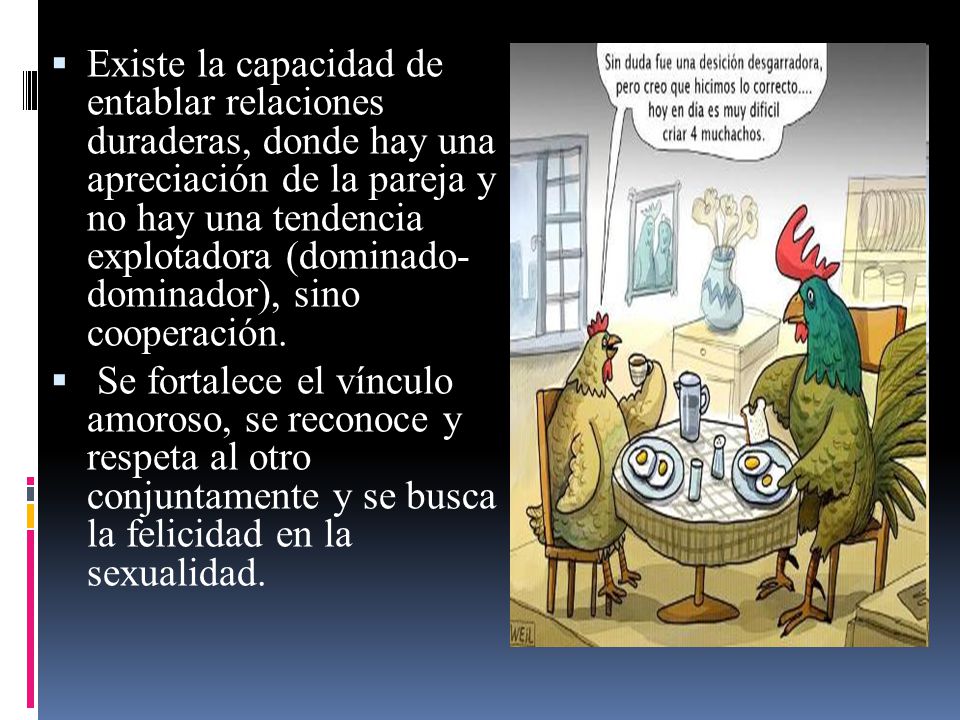 Existe la capacidad de entablar relaciones duraderas, donde hay una apreciación de la pareja y no hay una tendencia explotadora (dominado- dominador), sino cooperación.