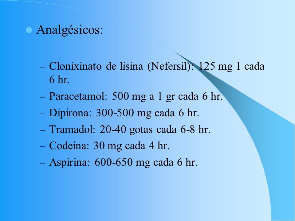 Analgésicos: Clonixinato de lisina (Nefersil): 125 mg 1 cada 6 hr.
