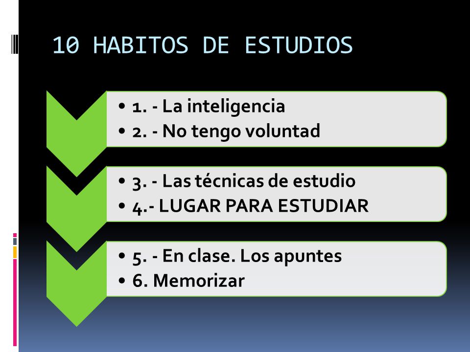 10 HABITOS DE ESTUDIOS 1. - La inteligencia 2. - No tengo voluntad