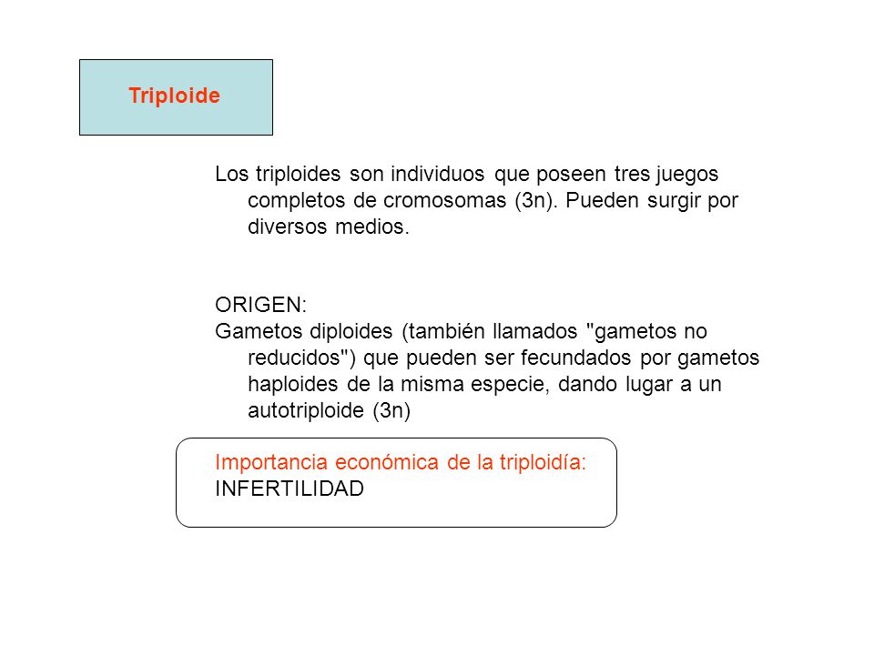 Triploide Los triploides son individuos que poseen tres juegos completos de cromosomas (3n). Pueden surgir por diversos medios.
