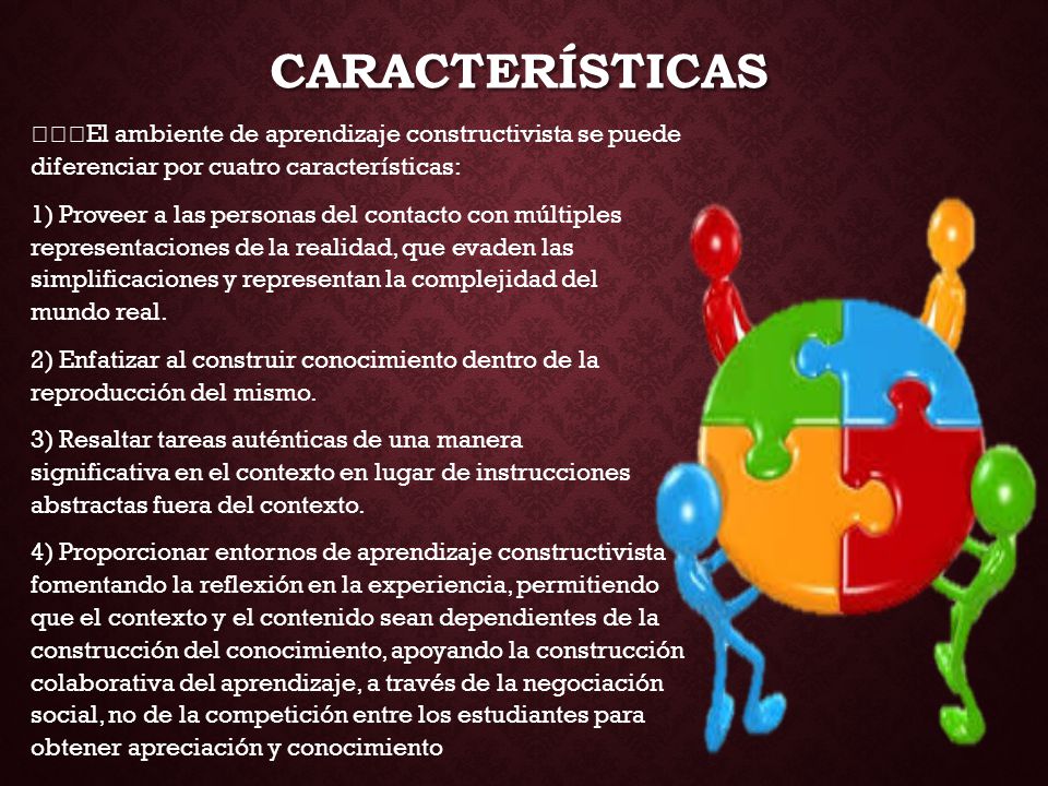 Características ﻿﻿﻿El ambiente de aprendizaje constructivista se puede diferenciar por cuatro características:
