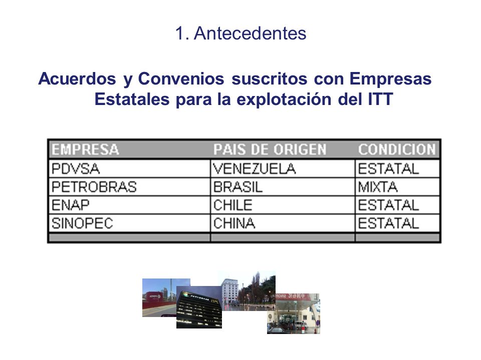 1. Antecedentes Acuerdos y Convenios suscritos con Empresas Estatales para la explotación del ITT