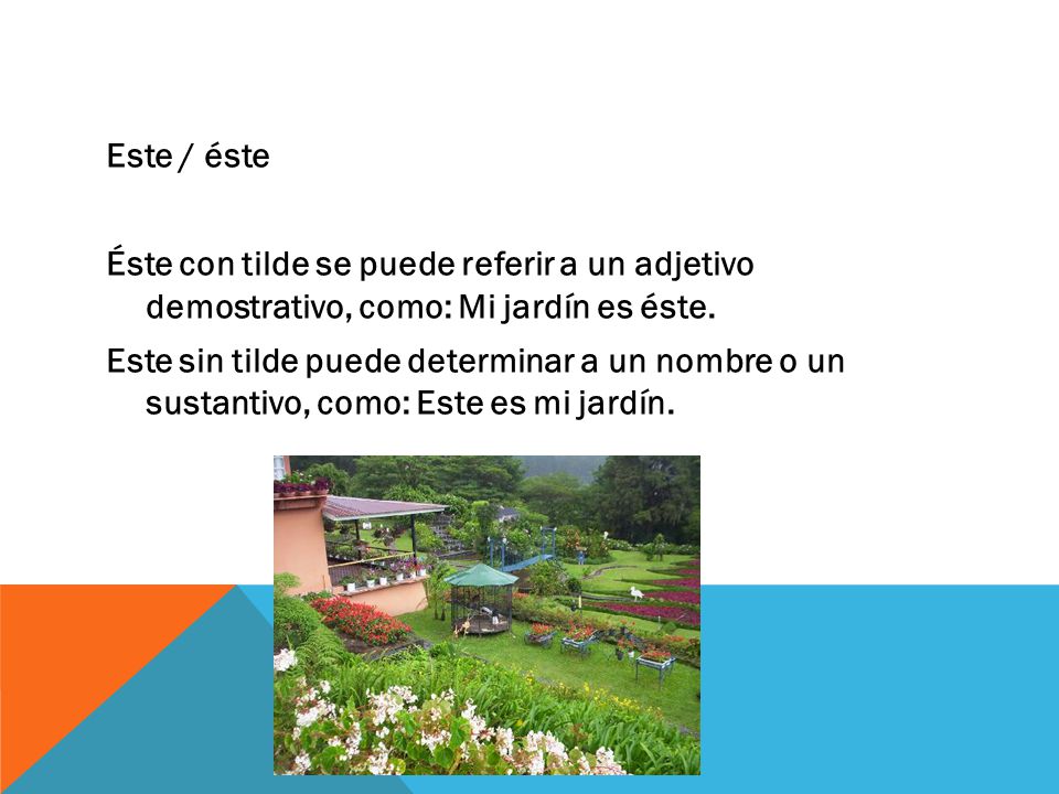 Este / éste Éste con tilde se puede referir a un adjetivo demostrativo, como: Mi jardín es éste.