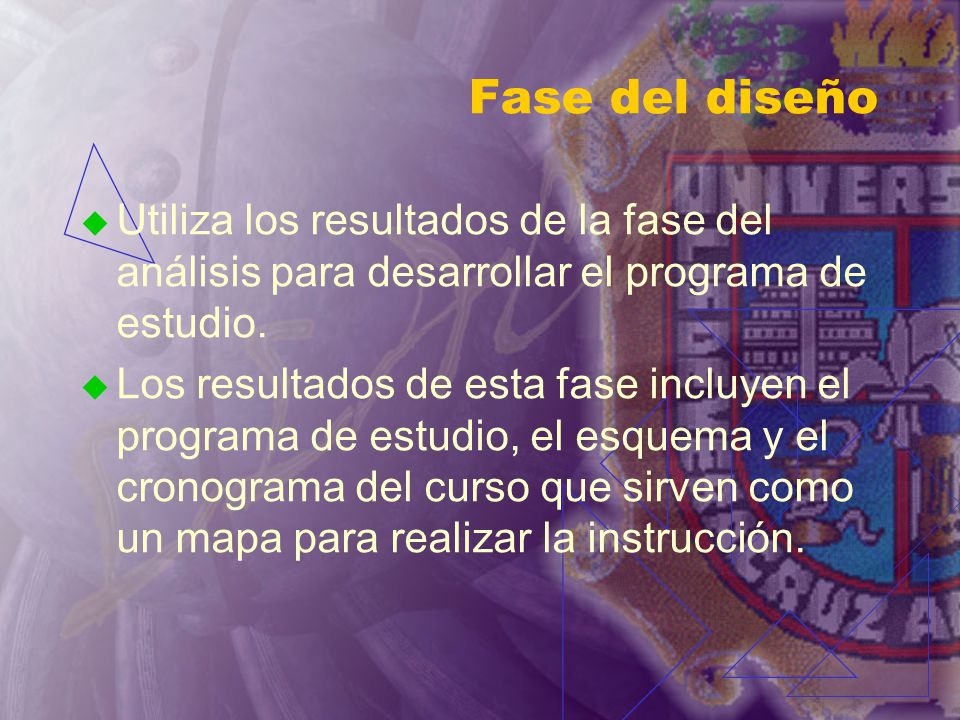 Fase del diseño Utiliza los resultados de la fase del análisis para desarrollar el programa de estudio.