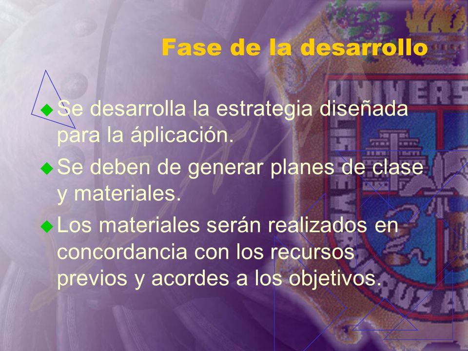 Fase de la desarrollo Se desarrolla la estrategia diseñada para la áplicación. Se deben de generar planes de clase y materiales.