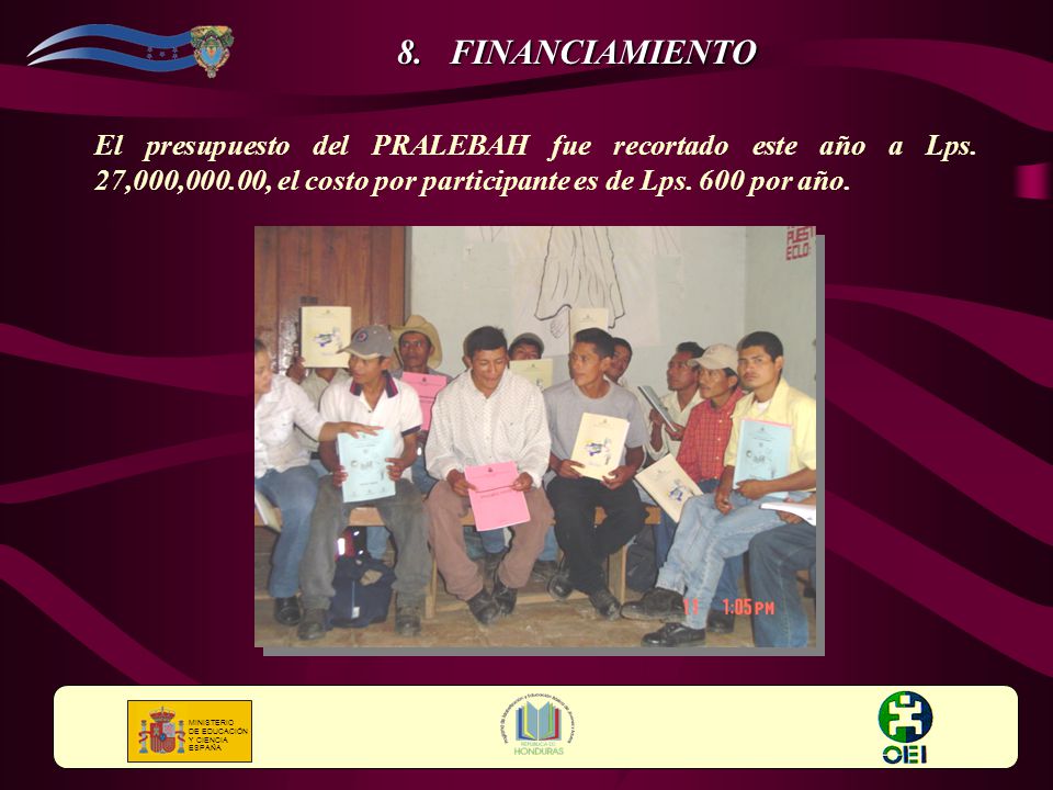 FINANCIAMIENTO El presupuesto del PRALEBAH fue recortado este año a Lps. 27,000,000.00, el costo por participante es de Lps. 600 por año.