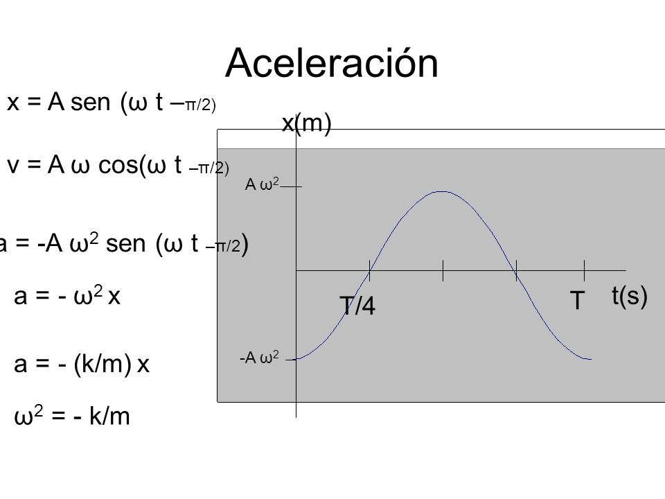 Aceleración x = A sen (ω t –π/2) x(m) v = A ω cos(ω t –π/2)