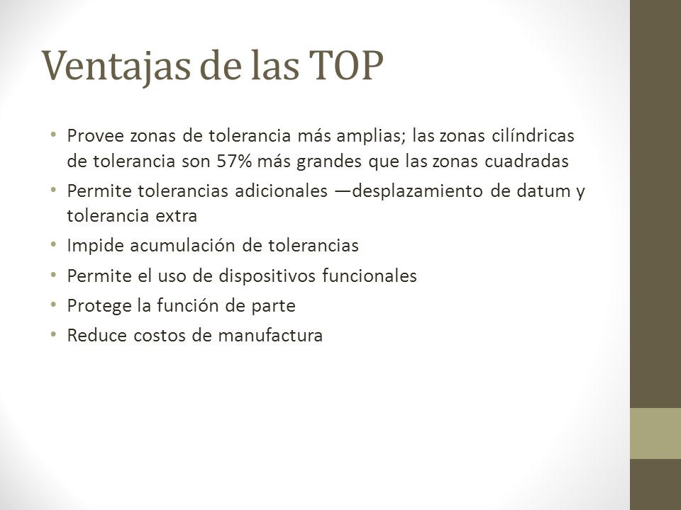 Ventajas de las TOP Provee zonas de tolerancia más amplias; las zonas cilíndricas de tolerancia son 57% más grandes que las zonas cuadradas.