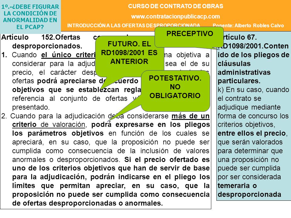 Artículo 152.Ofertas con valores anormales o desproporcionados.