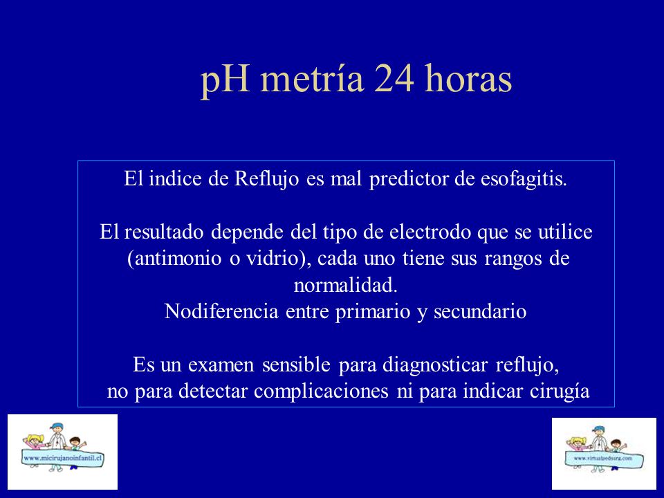 pH metría 24 horas El indice de Reflujo es mal predictor de esofagitis. El resultado depende del tipo de electrodo que se utilice.