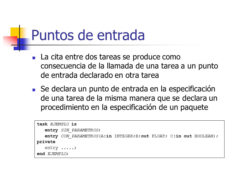Puntos de entrada La cita entre dos tareas se produce como consecuencia de la llamada de una tarea a un punto de entrada declarado en otra tarea.