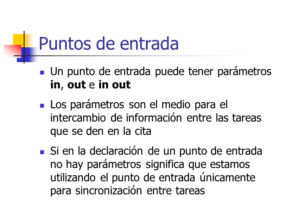 Puntos de entrada Un punto de entrada puede tener parámetros in, out e in out.