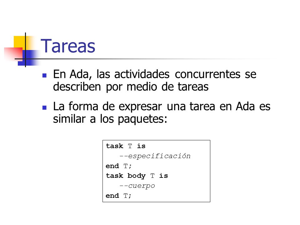 Tareas En Ada, las actividades concurrentes se describen por medio de tareas. La forma de expresar una tarea en Ada es similar a los paquetes: