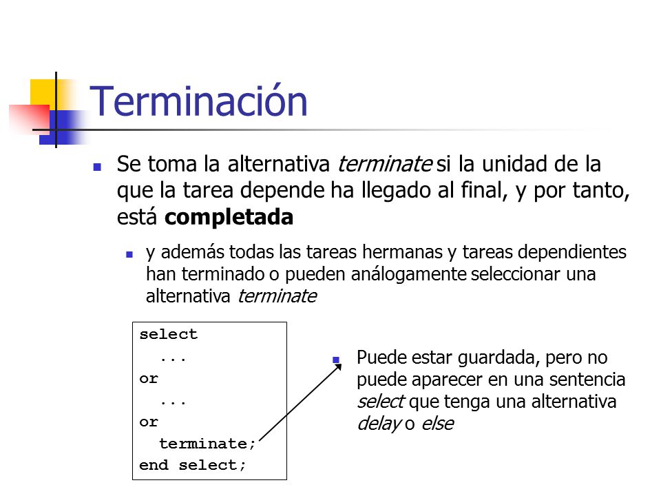 Terminación Se toma la alternativa terminate si la unidad de la que la tarea depende ha llegado al final, y por tanto, está completada.