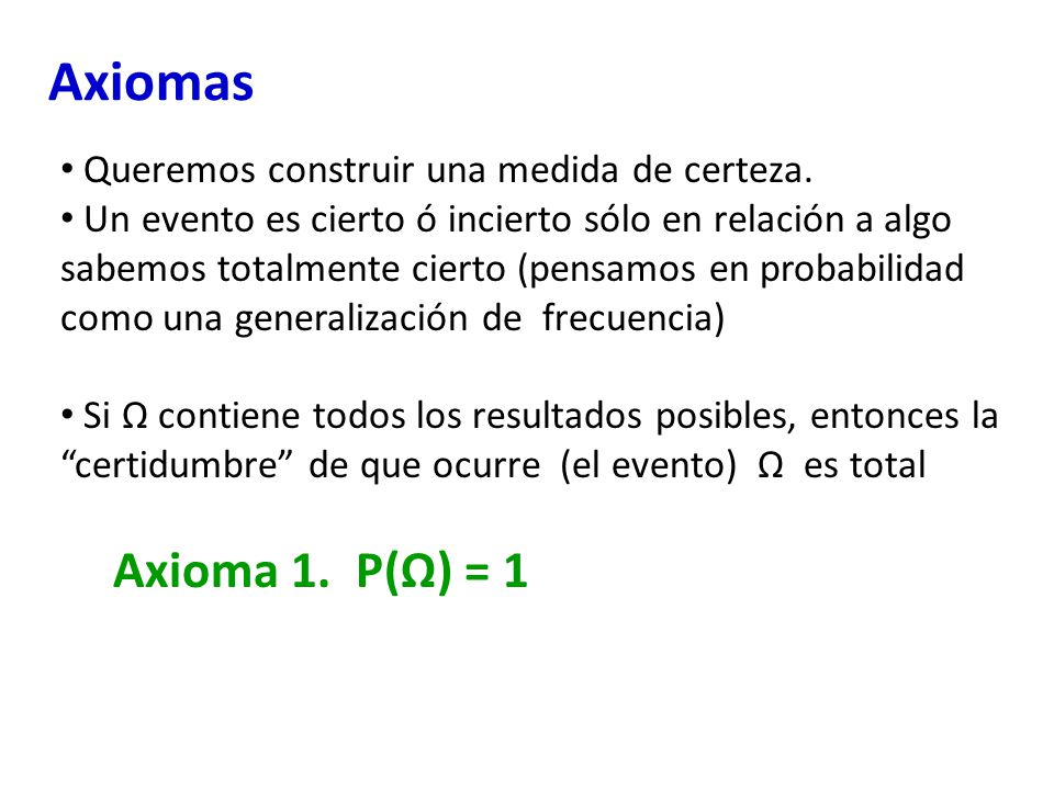 Axiomas Axioma 1. P(Ω) = 1 Queremos construir una medida de certeza.