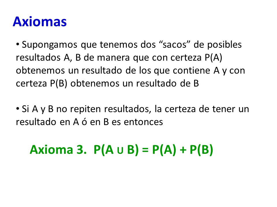 Axiomas Axioma 3. P(A U B) = P(A) + P(B)