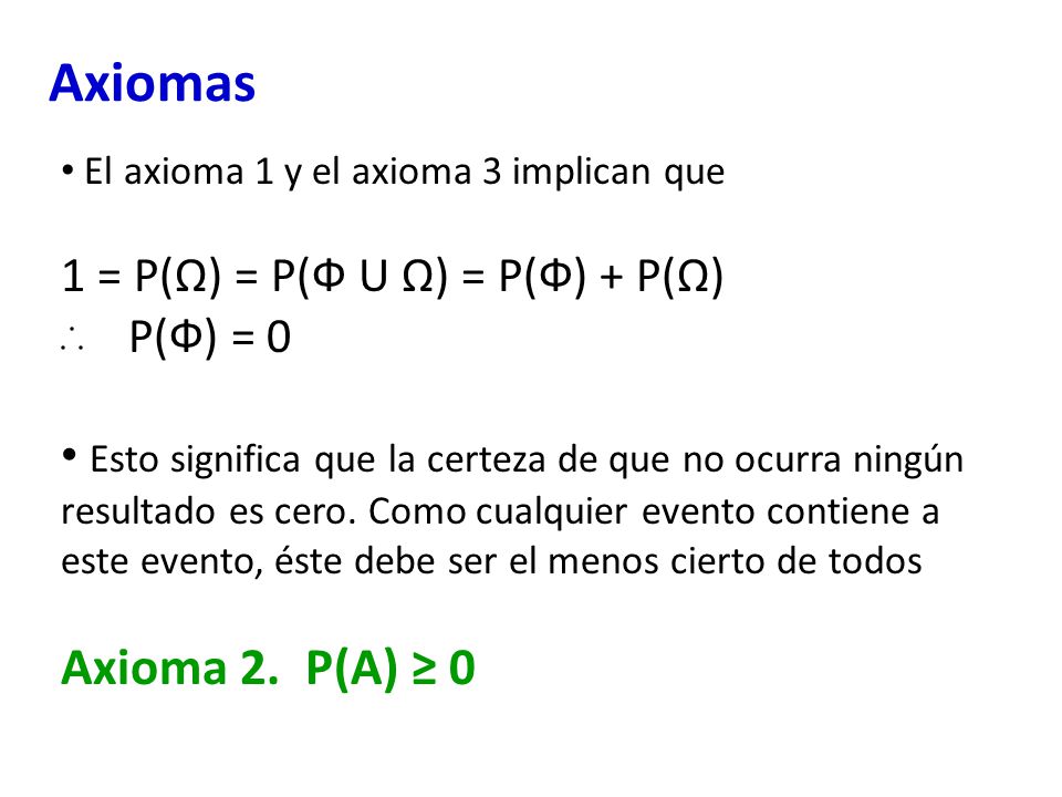 Axiomas Axioma 2. P(A) ≥ 0 1 = P(Ω) = P(Ф U Ω) = P(Ф) + P(Ω) P(Ф) = 0