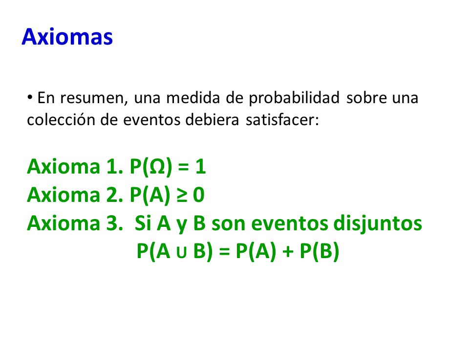Axiomas Axioma 1. P(Ω) = 1 Axioma 2. P(A) ≥ 0
