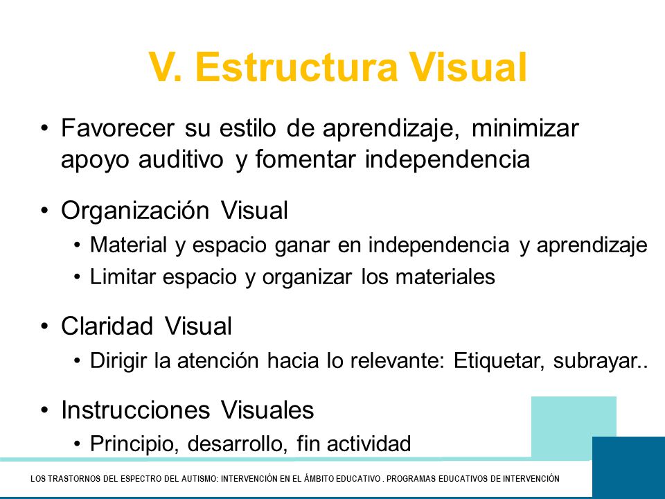 V. Estructura Visual Favorecer su estilo de aprendizaje, minimizar apoyo auditivo y fomentar independencia.