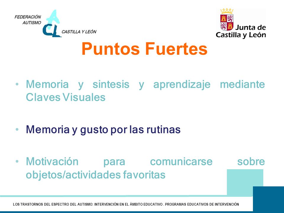 Puntos Fuertes Memoria y sintesis y aprendizaje mediante Claves Visuales. Memoria y gusto por las rutinas.