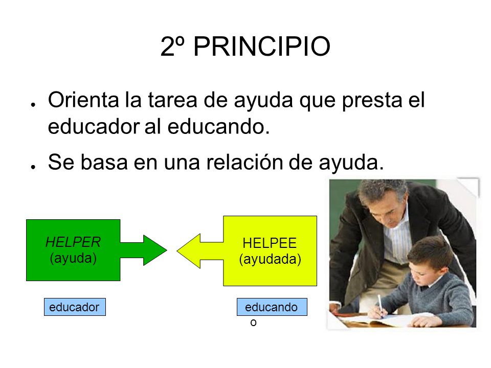 2º PRINCIPIO Orienta la tarea de ayuda que presta el educador al educando. Se basa en una relación de ayuda.