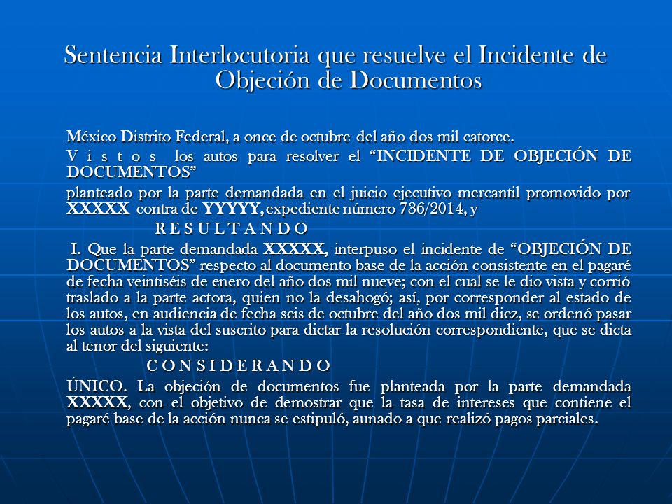 Sentencia Interlocutoria que resuelve el Incidente de Objeción de Documentos