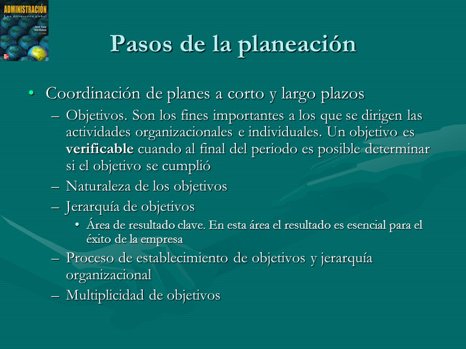 Pasos de la planeación Coordinación de planes a corto y largo plazos