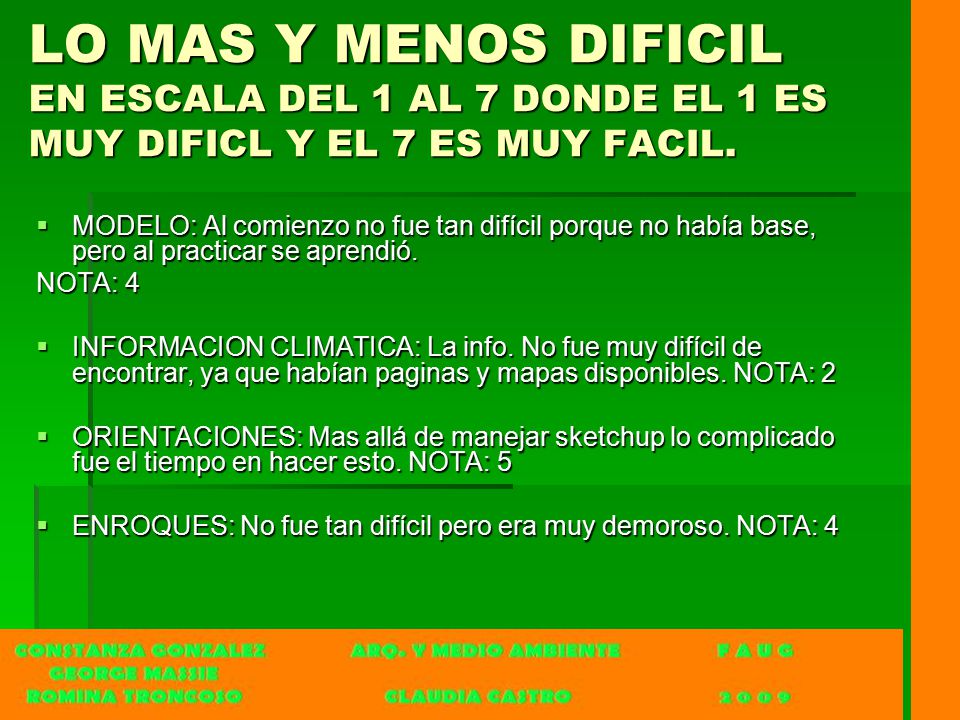 LO MAS Y MENOS DIFICIL EN ESCALA DEL 1 AL 7 DONDE EL 1 ES MUY DIFICL Y EL 7 ES MUY FACIL.