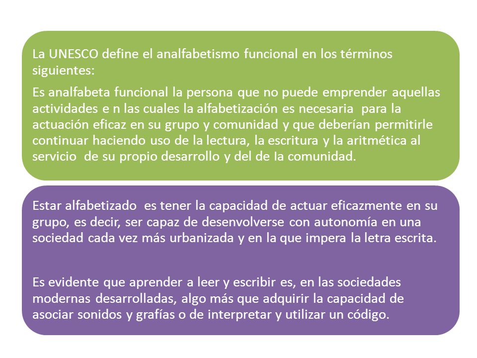 La UNESCO define el analfabetismo funcional en los términos siguientes: