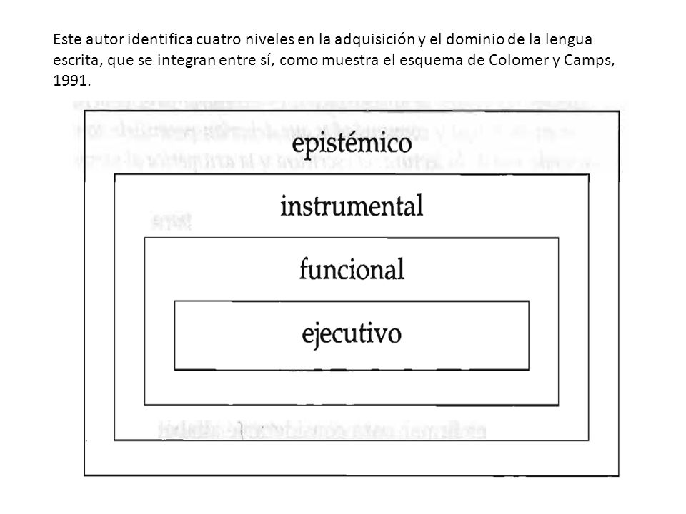 Este autor identifica cuatro niveles en la adquisición y el dominio de la lengua escrita, que se integran entre sí, como muestra el esquema de Colomer y Camps, 1991.