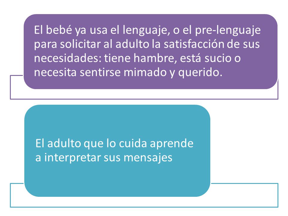 El bebé ya usa el lenguaje, o el pre-lenguaje para solicitar al adulto la satisfacción de sus necesidades: tiene hambre, está sucio o necesita sentirse mimado y querido.