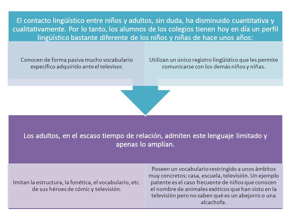 El contacto lingüístico entre niños y adultos, sin duda, ha disminuido cuantitativa y cualitativamente. Por lo tanto, los alumnos de los colegios tienen hoy en día un perfil lingüístico bastante diferente de los niños y niñas de hace unos años: