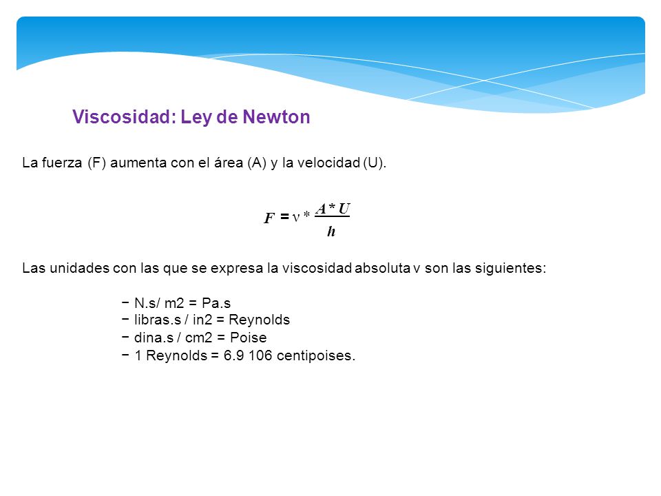 = ν * A* U Viscosidad: Ley de Newton F h