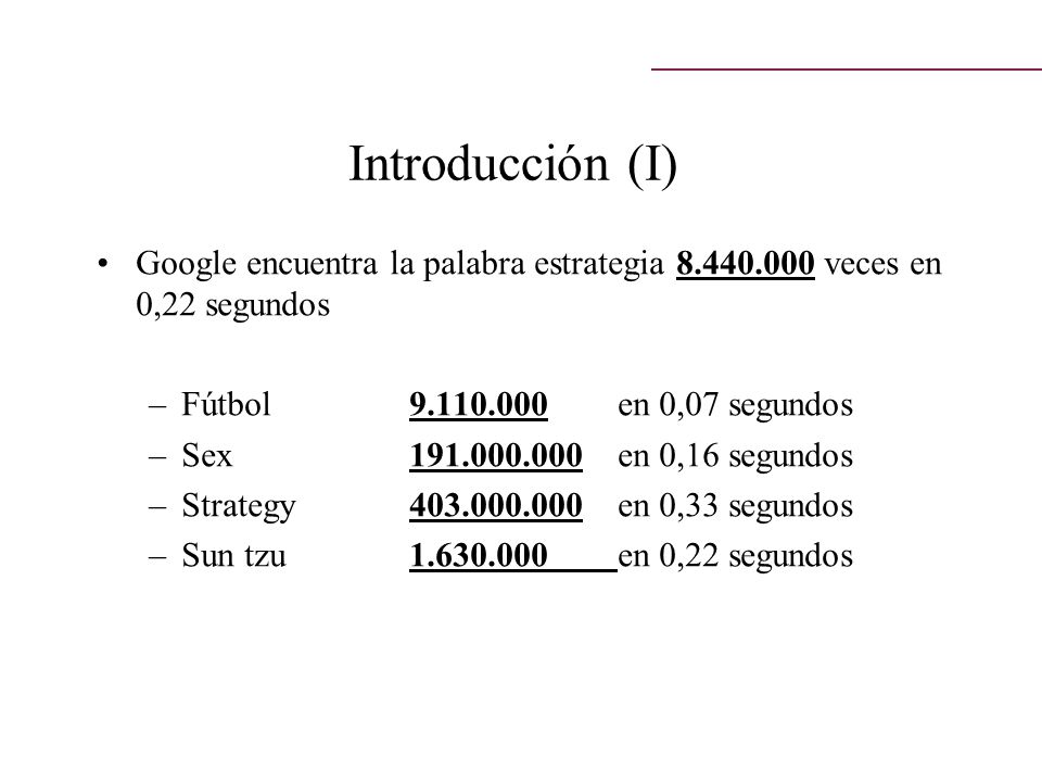 Introducción (I) Google encuentra la palabra estrategia veces en 0,22 segundos. Fútbol en 0,07 segundos.