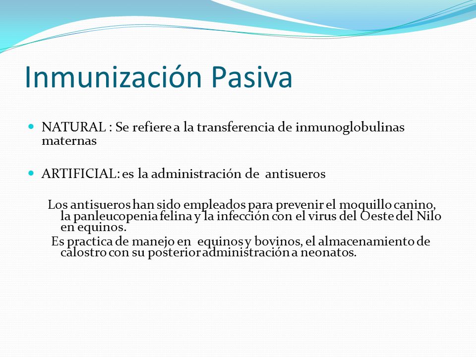 Inmunización Pasiva NATURAL : Se refiere a la transferencia de inmunoglobulinas maternas. ARTIFICIAL: es la administración de antisueros.
