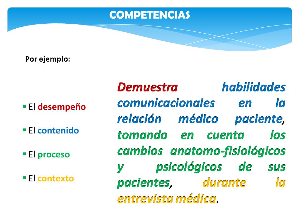 COMPETENCIAS Por ejemplo: El desempeño. El contenido. El proceso. El contexto.