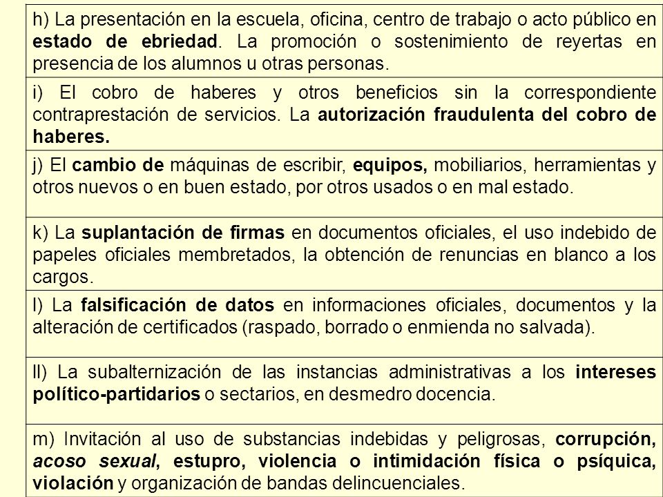 h) La presentación en la escuela, oficina, centro de trabajo o acto público en estado de ebriedad. La promoción o sostenimiento de reyertas en presencia de los alumnos u otras personas.