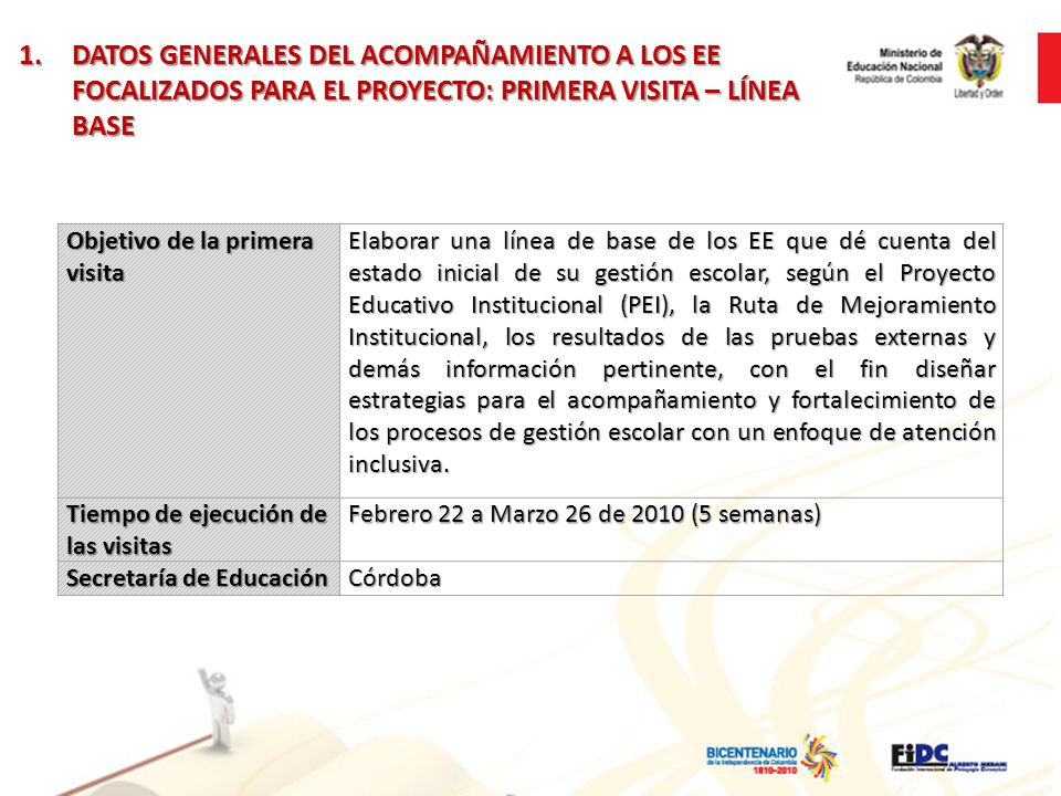 DATOS GENERALES DEL ACOMPAÑAMIENTO A LOS EE FOCALIZADOS PARA EL PROYECTO: PRIMERA VISITA – LÍNEA BASE