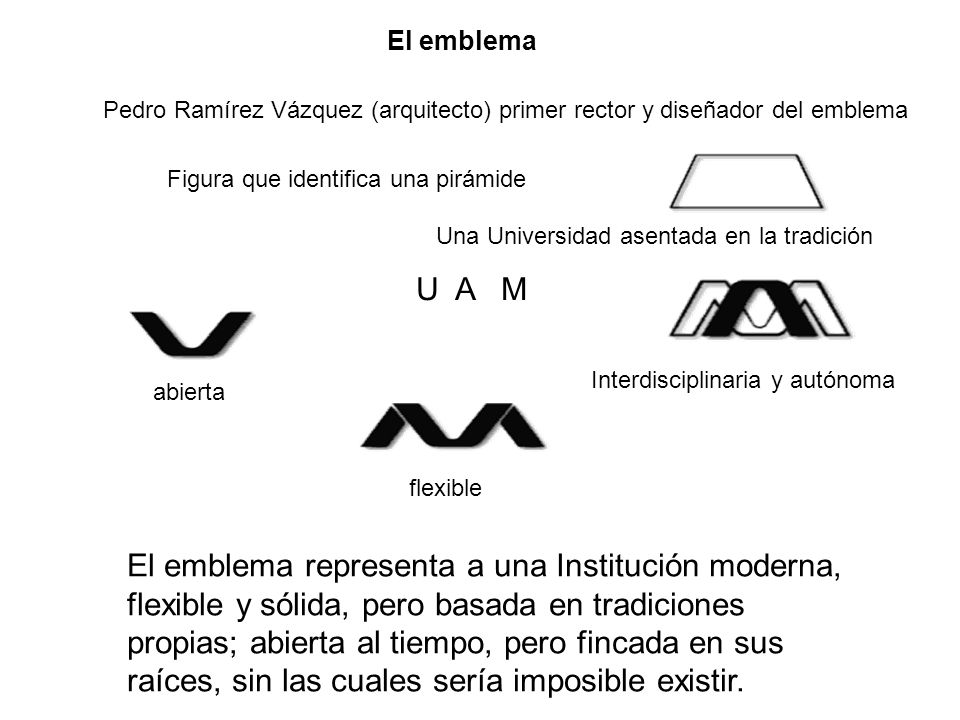 El emblema Pedro Ramírez Vázquez (arquitecto) primer rector y diseñador del emblema. Figura que identifica una pirámide.