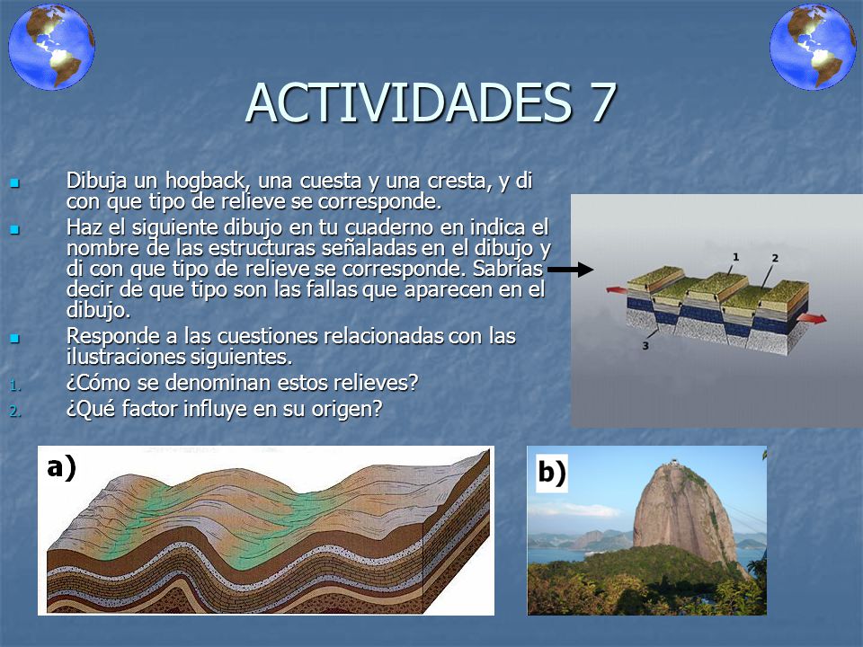ACTIVIDADES 7 Dibuja un hogback, una cuesta y una cresta, y di con que tipo de relieve se corresponde.