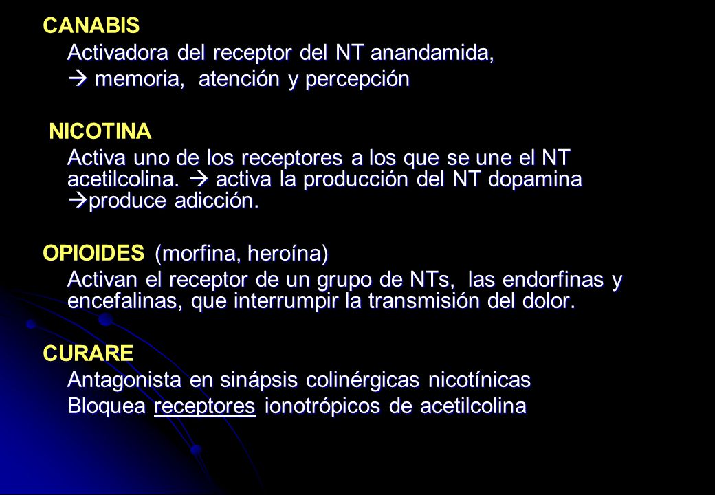 CANABIS Activadora del receptor del NT anandamida,  memoria, atención y percepción. NICOTINA.