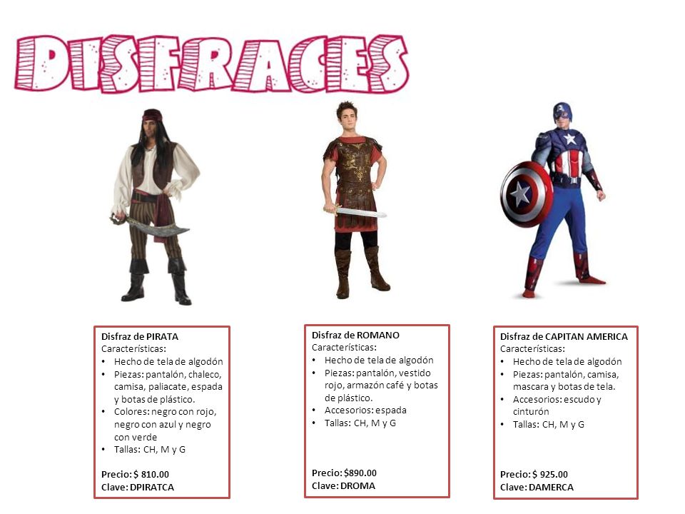 Disfraz de PIRATA Características: Hecho de tela de algodón. Piezas: pantalón, chaleco, camisa, paliacate, espada y botas de plástico.