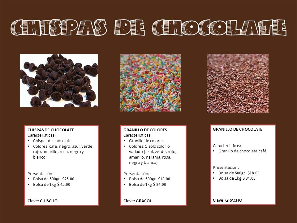 CHISPAS DE CHOCOLATE Características: Chispas de chocolate. Colores: café, negro, azul, verde, rojo, amarillo, rosa, negro y blanco.